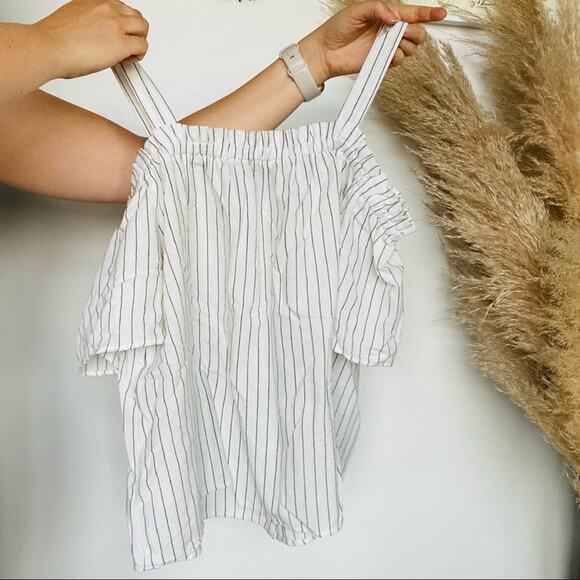 LUMIERE Black White Pin Stripes Cold Off Shoulder Tank Top Shirt Blouse L - Picture 9 of 9